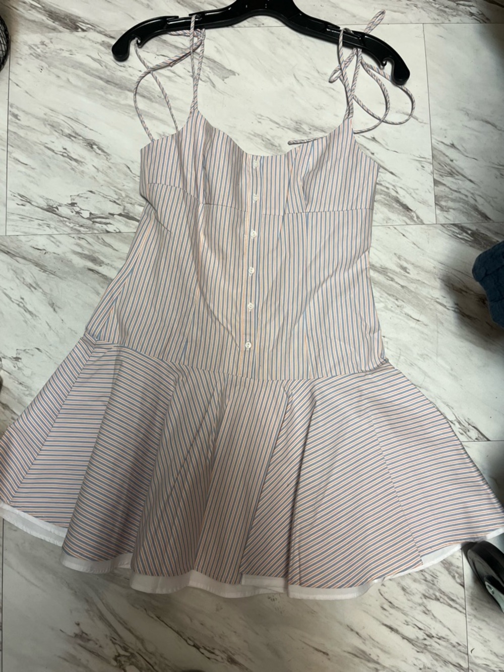 Vintage Striped Spaghetti Strap Sundress in White and Blue with Pink Accents